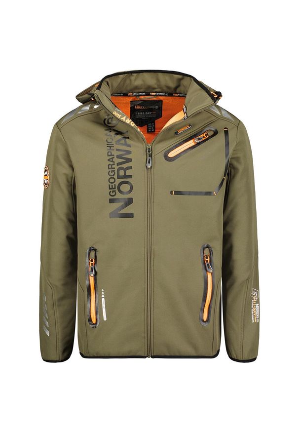 Geographical Norway ROYAUTE - softshell męski khaki z pomarańczowymi akcentami.. Kolor: zielony, żółty, pomarańczowy, wielokolorowy. Materiał: poliester, elastan. Sport: turystyka piesza