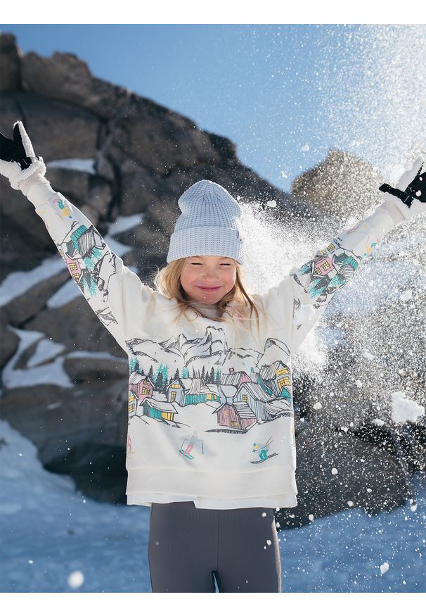 4f - 4F Bluza dresowa loose nierozpinana bez kaptura dziewczęca - biała 146/152 (10-12 lat). Okazja: na co dzień, na uczelnię. Typ kołnierza: bez kaptura. Kolor: biały. Materiał: dresówka. Wzór: nadruk. Sezon: lato. Styl: casual, sportowy