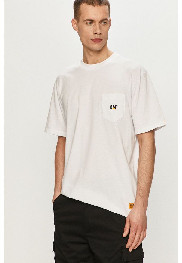 CATerpillar - Caterpillar - T-shirt. Okazja: na co dzień. Kolor: biały. Materiał: dzianina. Wzór: gładki, aplikacja. Styl: casual
