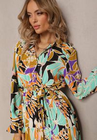 Renee - Zielona Plisowana Sukienka Maxi w Kwiaty z Wiązanym Paskiem Marleen. Kolor: zielony. Materiał: materiał. Wzór: kwiaty. Długość: maxi #4