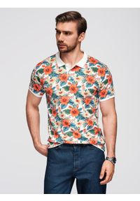 Ombre Clothing - Koszulka polo bawełniana z nadrukiem w kwiaty – biała V1 - Rozmiar: XXL. Okazja: na co dzień. Typ kołnierza: polo. Kolor: biały. Materiał: bawełna. Wzór: nadruk, kwiaty. Sezon: lato. Styl: wakacyjny, casual, elegancki #3