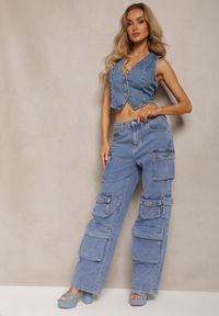 Renee - Niebieskie Spodnie High Waist z Szerokimi Nogawkami i Wieloma Kieszeniami Relada. Okazja: na co dzień, na spotkanie biznesowe, do pracy. Stan: podwyższony. Kolor: niebieski. Styl: biznesowy, elegancki, casual