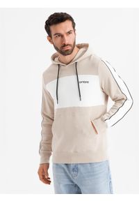 Ombre Clothing - Bawełniana męska bluza z kapturem z kontrastującymi elementami - beżowa V2 - Rozmiar: XXL. Okazja: na co dzień. Typ kołnierza: kaptur. Kolor: biały. Materiał: bawełna. Wzór: napisy. Styl: sportowy, casual #8