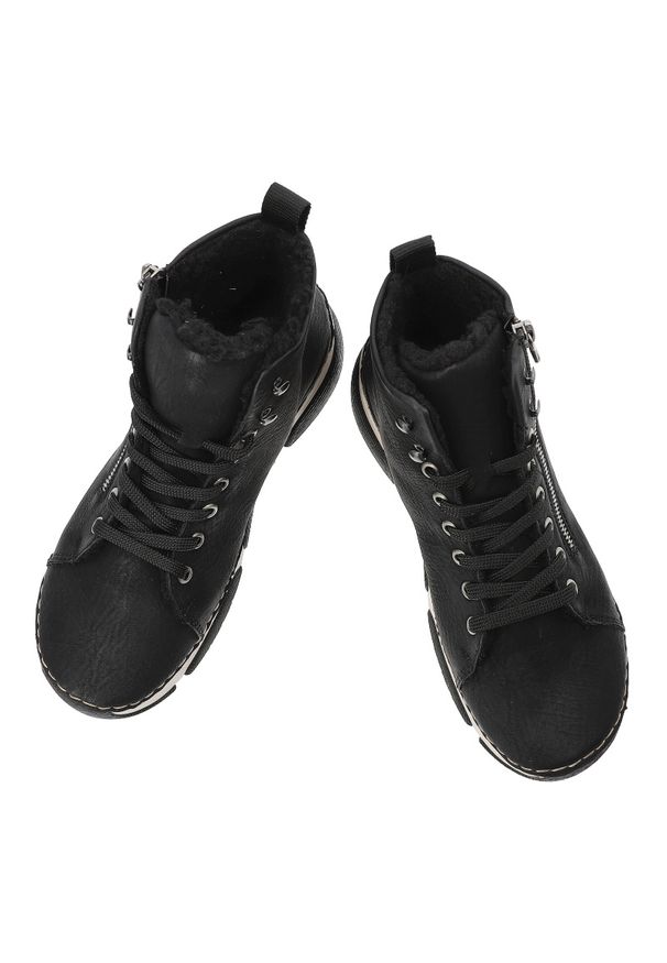 Czarne Botki Rieker Ocieplane Buty Damskie. Okazja: na co dzień. Zapięcie: sznurówki. Kolor: czarny. Materiał: materiał. Szerokość cholewki: normalna. Styl: casual