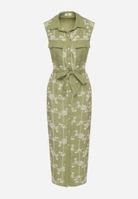 Born2be - Zielona Sukienka Bez Rękawów o Koszulowym Kroju z Paskiem Zdobiona Haftem Fodarela. Okazja: na co dzień. Kolor: zielony. Długość rękawa: bez rękawów. Wzór: aplikacja, haft. Sezon: lato. Typ sukienki: koszulowe. Styl: klasyczny, casual, elegancki #2