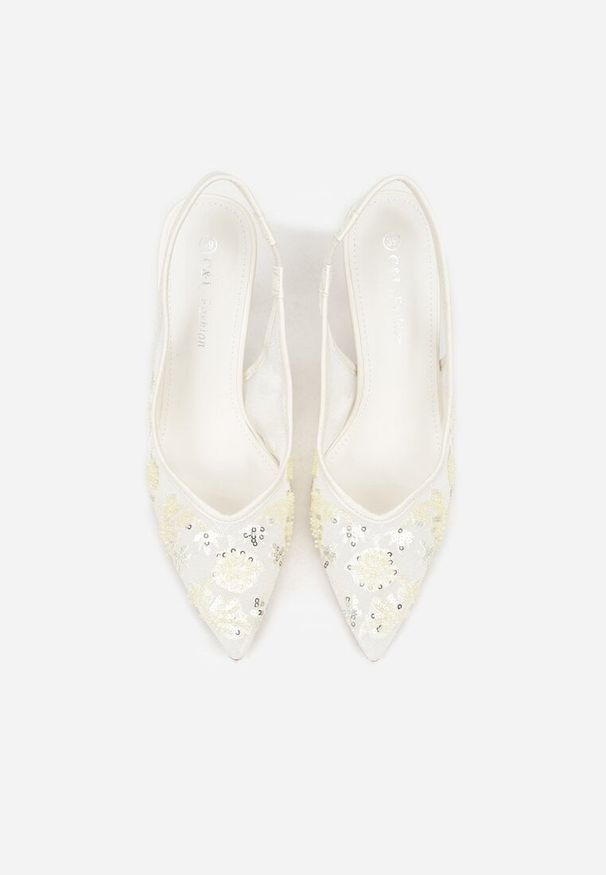 Born2be - Beżowe Sandały na Szpilce z Odkrytą Piętą Ozdobione Cekinami Avixaris. Okazja: na ślub cywilny, na wesele. Kolor: beżowy. Wzór: aplikacja. Obcas: na szpilce. Styl: elegancki, klasyczny, wizytowy