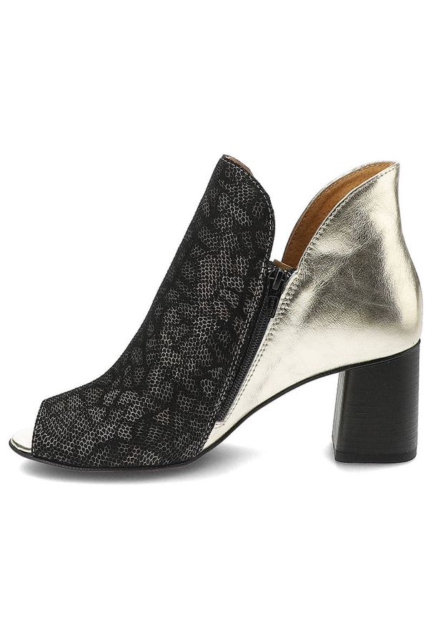 Czarne Botki Maciejka Eleganckie Skórzane Buty. Okazja: na co dzień. Nosek buta: otwarty. Kolor: czarny. Szerokość cholewki: normalna. Wzór: geometria. Materiał: skóra. Obcas: na obcasie. Styl: elegancki. Wysokość obcasa: średni