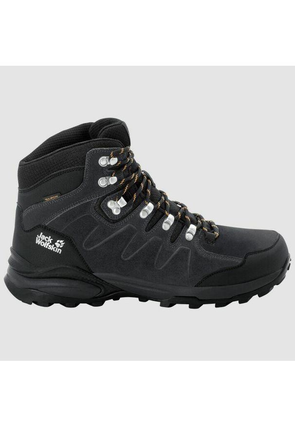 Buty trekkingowe męskie Jack Wolfskin Refugio Texapore Mid. Wysokość cholewki: za kostkę. Kolor: wielokolorowy, czarny, szary. Materiał: skóra, tkanina. Szerokość cholewki: normalna