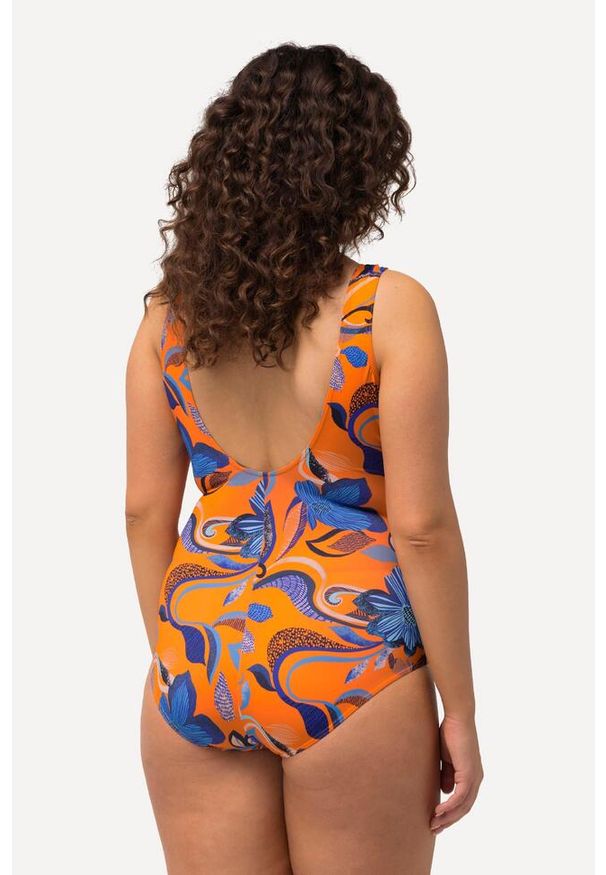 ULLA POPKEN - Damski Kostium kąpielowy kwiaty ozdobne tasiemki miękkie miseczki. Kolekcja: plus size. Kolor: pomarańczowy. Materiał: poliester, elastan, poliamid, materiał. Wzór: kwiaty