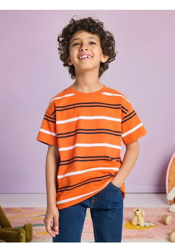 Sinsay - Luźna koszulka w paski - pomarańczowy. Kolor: pomarańczowy. Wzór: paski
