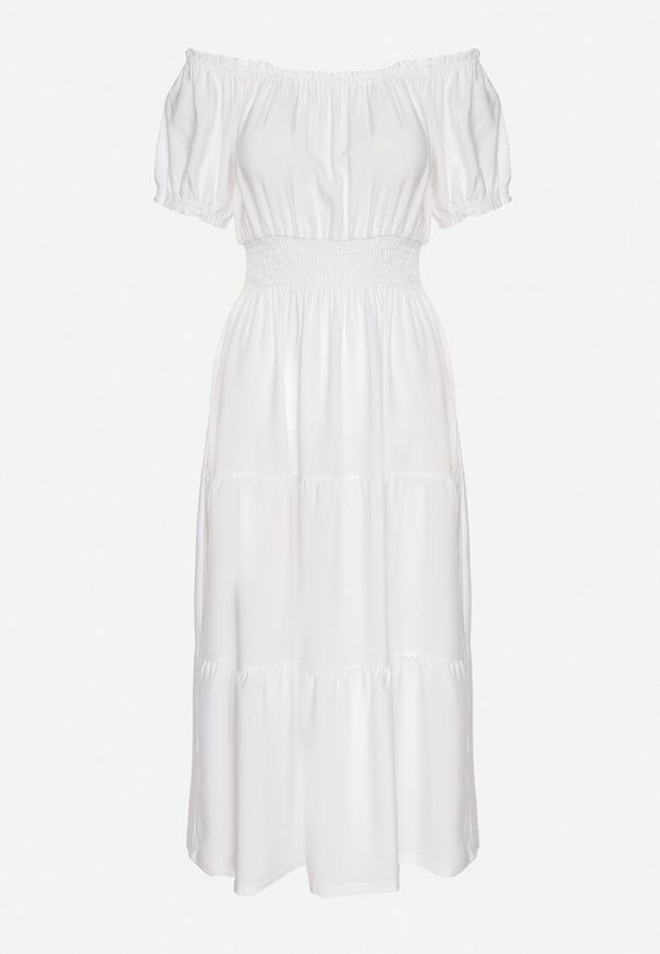 Born2be - Biała Sukienka o Rozkloszowanym Kroju z Dekoltem Typu Łódka Miranea. Okazja: na co dzień. Kolor: biały. Materiał: jeans. Typ sukienki: proste, rozkloszowane. Styl: klasyczny, casual