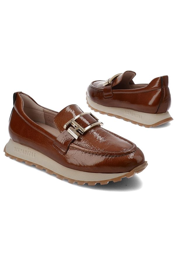 Brązowe Półbuty Hispanitas Mokasyny Premium. Okazja: na spacer, na co dzień. Zapięcie: klamry. Kolor: brązowy. Materiał: lakier, skóra. Styl: elegancki, casual, klasyczny