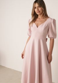 Born2be - Różowa Elegancka Sukienka z Bufiastymi Rękawami i Wiązaniem na Plecach Zeepy. Kolor: różowy. Wzór: gładki. Styl: elegancki #4