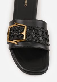 Renee - Czarne Klapki w Stylu Boho z Plecionką z Rafii i Metalową Klamerką Mezelin. Okazja: na co dzień. Kolor: czarny. Materiał: jeans, len. Sezon: lato. Styl: boho #9