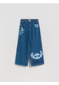 Reserved - Jeansy super wide leg Lilo i Stitch - niebieski. Kolor: niebieski