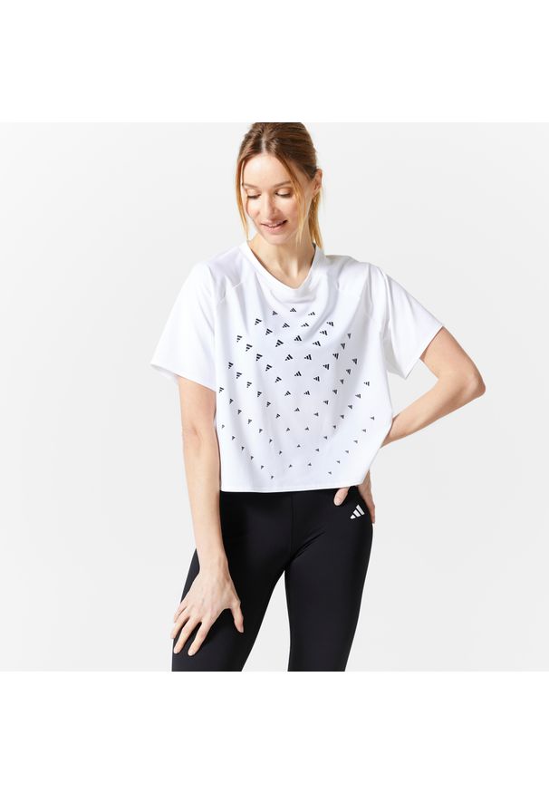 Koszulka fitness damska Adidas krótki rękaw. Materiał: materiał, skóra. Długość rękawa: krótki rękaw. Długość: krótkie. Sport: fitness