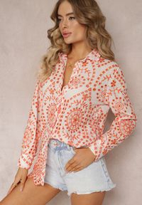 Renee - Różowy 2-Częściowy Komplet z Bawełny w Modny Print Koszula i Szorty na Gumkę Anneliette. Kolor: pomarańczowy. Materiał: bawełna. Wzór: nadruk