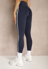 Renee - Granatowe Legginsy High Waist z Push-Upem z Elastycznego Materiału z Lampasami Ateria. Okazja: na co dzień, na spacer. Stan: podwyższony. Kolor: niebieski. Materiał: materiał. Styl: casual #5