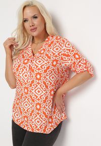 Born2be - Pomarańczowo-Biała Wiskozowa Bluzka Zapinana na Guziki w Geometryczny Print Perita. Kolor: pomarańczowy. Materiał: wiskoza. Wzór: geometria, nadruk. Sezon: lato