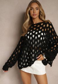 Renee - Czarny Nietoperzowy Sweter z Dzianiny z Wełną o Ażurowym Splocie Filarasea. Okazja: na co dzień. Kolor: czarny. Materiał: dzianina, wełna. Wzór: ażurowy, ze splotem. Styl: klasyczny, elegancki, casual