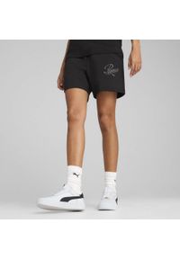 Puma - Damskie szorty z wysokim stanem ESS SCRIPT 5" PUMA Black. Stan: podwyższony. Kolor: czarny. Długość: krótkie