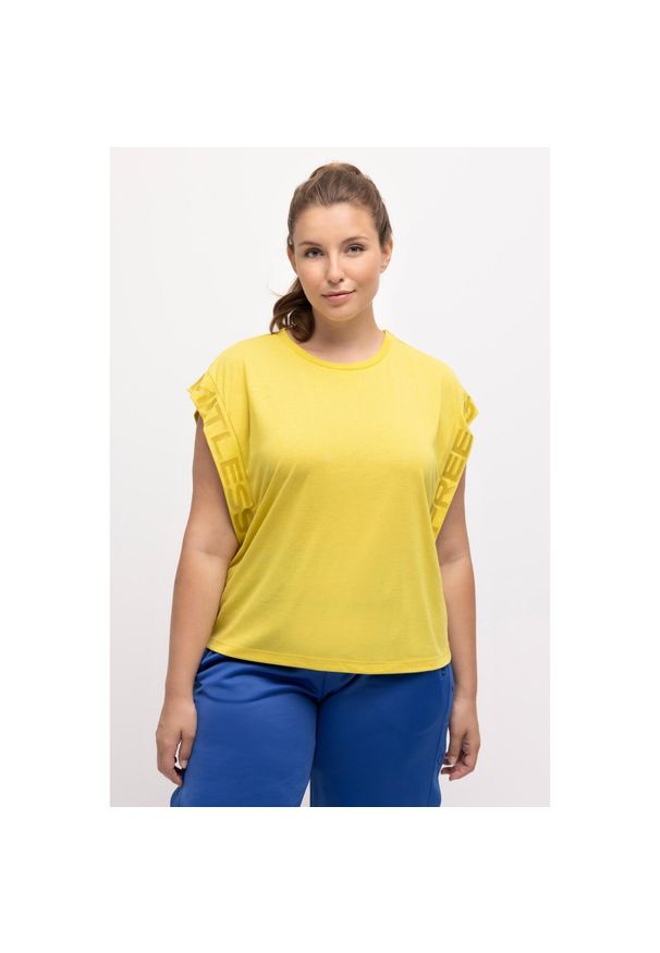 ULLA POPKEN - Damskie T-shirt napisy antybakteryjny okrągły dekolt krótki rękaw. Kolekcja: plus size. Kolor: zielony. Materiał: poliester, materiał, wiskoza. Długość rękawa: krótki rękaw. Długość: krótkie. Wzór: napisy