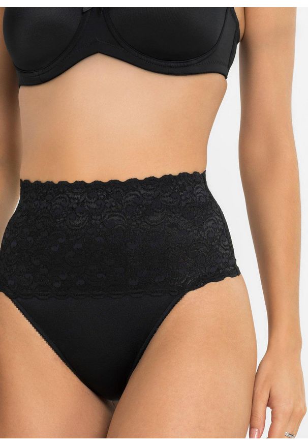bonprix - Stringi o średnim stopniu modelowania sylwetki (2 pary). Kolor: czarny. Materiał: koronka. Wzór: koronka