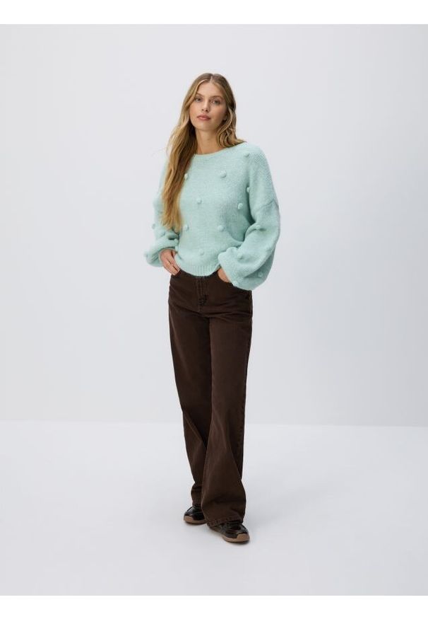 Reserved - Sweter z ozdobnymi aplikacjami - jasnoturkusowy. Kolor: turkusowy. Materiał: dzianina, wełna. Wzór: aplikacja