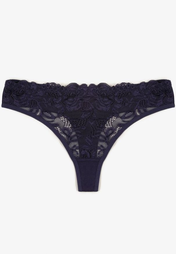 Born2be - Granatowe Koronkowe Majtki Stringi z Bawełny Venalora. Kolor: niebieski. Materiał: bawełna, koronka
