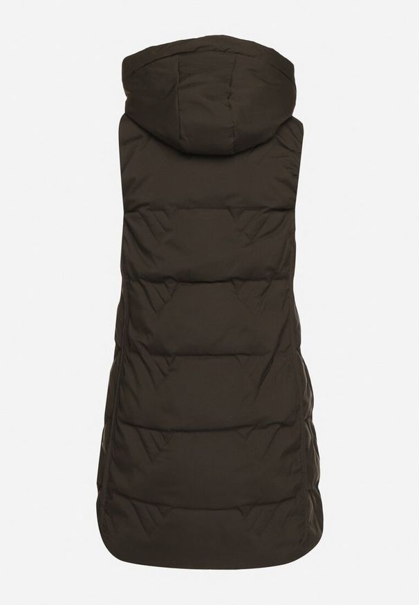 Born2be - Ciemnozielona Pikowana Kamizelka z Odpinanym Kapturem Mavalie. Kolor: zielony. Materiał: jeans. Wzór: aplikacja. Styl: elegancki