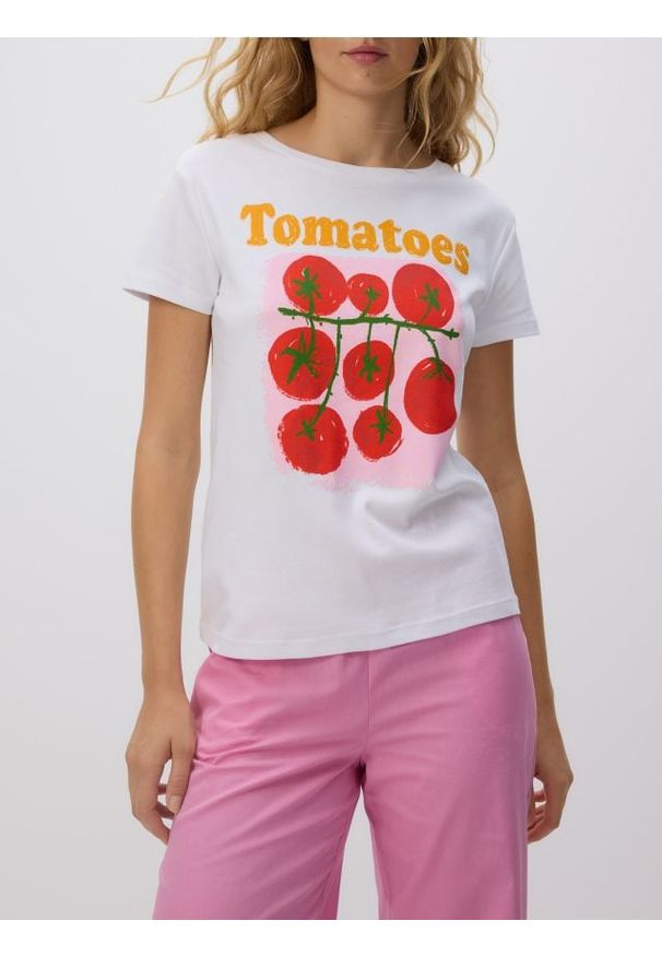 Reserved - T-shirt z nadrukiem - biały. Kolor: biały. Materiał: dzianina, bawełna. Wzór: nadruk