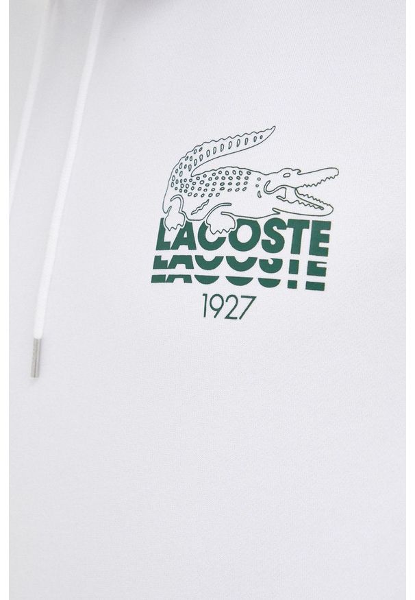Lacoste bluza bawełniana męska kolor biały z kapturem z nadrukiem. Okazja: na co dzień. Typ kołnierza: kaptur. Kolor: biały. Materiał: bawełna. Wzór: nadruk. Styl: casual