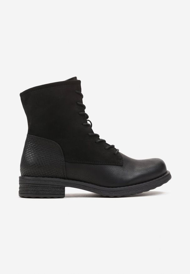 Born2be - Czarne Sznurowane Botki Traperki Ozdobione Tłoczeniem Łusek Orimevi. Kolor: czarny. Wzór: aplikacja