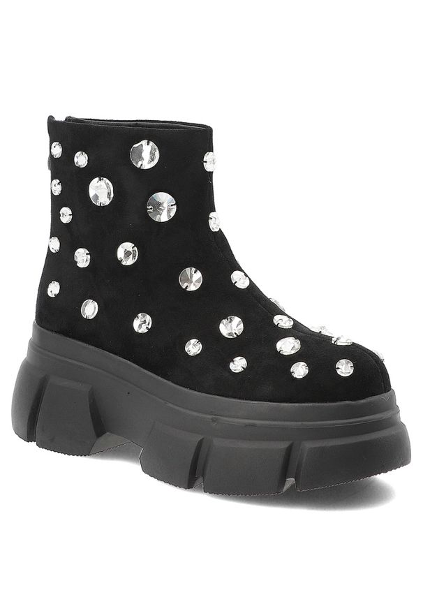 Czarne Botki S.Barski Modne Buty Damskie Na Platformie. Okazja: na co dzień. Kolor: czarny. Materiał: materiał. Wzór: aplikacja. Sezon: zima, jesień. Obcas: na platformie. Styl: casual, glamour, elegancki