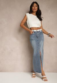 Renee - Niebieska Spódnica Jeansowa o Ołówkowym Kroju Zdobiona Rozcięciem Lisovira. Stan: podwyższony. Kolor: niebieski. Materiał: jeans. Wzór: aplikacja. Styl: elegancki #4
