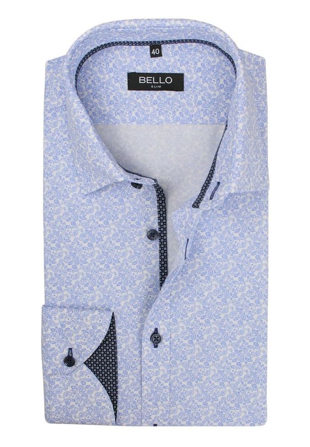 Bello - Błękitna Koszula Wizytowa, Elegancka - BELLO - Taliowana, Długi Rękaw, Paisley. Okazja: do pracy, na spotkanie biznesowe. Kolor: niebieski. Materiał: poliester, bawełna. Długość rękawa: długi rękaw. Długość: długie. Wzór: paisley. Styl: wizytowy, elegancki