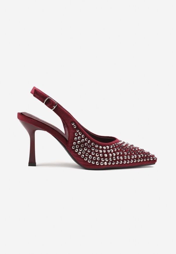 Born2be - Bordowe Szpilki Bez Pięty z Cyrkoniami Elorenne. Okazja: na imprezę. Zapięcie: sprzączka. Kolor: czerwony. Obcas: na szpilce. Styl: elegancki