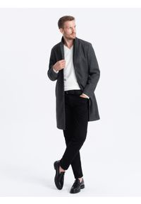Ombre Clothing - Męski lekki płaszcz jednorzędowy - grafitowy V5. Kolor: szary. Materiał: poliester, materiał. Wzór: melanż. Styl: elegancki