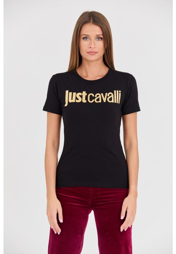 Just Cavalli - JUST CAVALLI Czarny damski t-shirt Logo Gold, Rozmiar S. Kolor: czarny