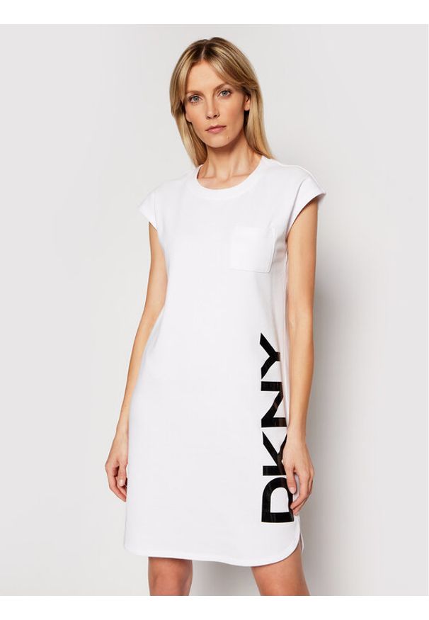 DKNY Sukienka dzianinowa P0RD1B2J Biały Regular Fit. Kolor: biały. Materiał: bawełna, dzianina