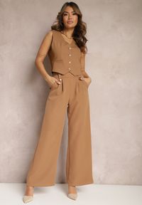 Renee - Brązowe Eleganckie Spodnie Dzwony z Ozdobnymi Patkami w Pasie Nattas. Stan: podwyższony. Kolor: brązowy. Styl: elegancki #5