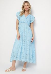 Born2be - Niebieska Ażurowa Sukienka z Kopertowym Dekoltem i Bufiastymi Rękawami Ldivane. Okazja: na imprezę, na co dzień. Kolor: niebieski. Wzór: ażurowy. Sezon: lato. Typ sukienki: kopertowe. Styl: casual #1