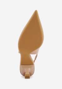 Renee - Ciemnobeżowe Sandały na Obcasie Kaczuszka ze Szpiczastym Noskiem Elda. Okazja: na wesele, na co dzień, na ślub cywilny. Nosek buta: szpiczasty. Kolor: beżowy. Materiał: jeans. Obcas: na obcasie. Styl: casual, klasyczny. Wysokość obcasa: średni #4