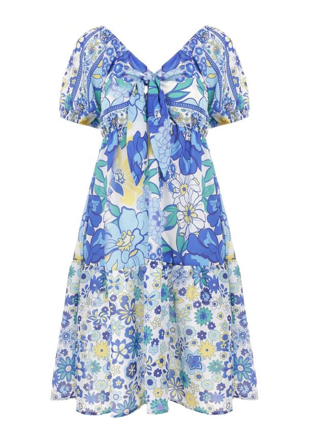 Born2be - Biało-Niebieska Sukienka Ampea. Typ kołnierza: kokarda. Kolor: niebieski. Długość rękawa: krótki rękaw. Wzór: kwiaty, nadruk. Styl: klasyczny. Długość: mini