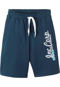 bonprix - Bermudy dresowe chłopięce z bawełny organicznej. Kolor: niebieski. Materiał: bawełna, dresówka. Długość: krótkie. Wzór: nadruk. Sezon: lato #1