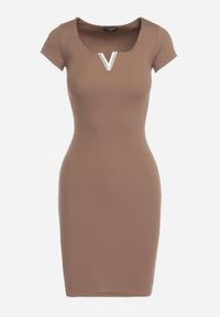 Born2be - Brązowa Bawełniana Sukienka Mini z Ozdobnym Dekoltem Grandria. Kolor: brązowy. Materiał: bawełna. Długość rękawa: krótki rękaw. Wzór: prążki. Długość: mini #4