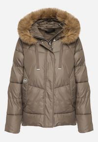 Born2be - Ciemnozielona Pikowana Kurtka o Trapezowym Kroju z Kapturem z Futrem Lanarela. Okazja: na co dzień. Typ kołnierza: kaptur. Kolor: zielony. Materiał: futro. Styl: casual, elegancki #7