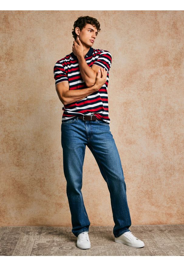 Big-Star - Koszulka męska polo w kolorowe paski Seulir 603. Okazja: na co dzień. Typ kołnierza: polo. Kolor: czerwony. Materiał: jeans, dzianina, bawełna, żakard. Wzór: kolorowy, paski. Styl: elegancki, casual, klasyczny