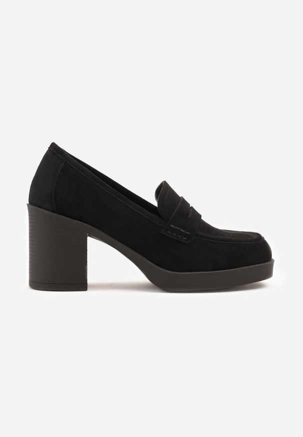 Renee - Czarne Półbuty w Stylu Loafersów na Słupkowym Obcasie Separra. Okazja: na co dzień, do pracy. Kolor: czarny. Materiał: jeans. Obcas: na obcasie. Styl: klasyczny, elegancki, casual. Wysokość obcasa: średni