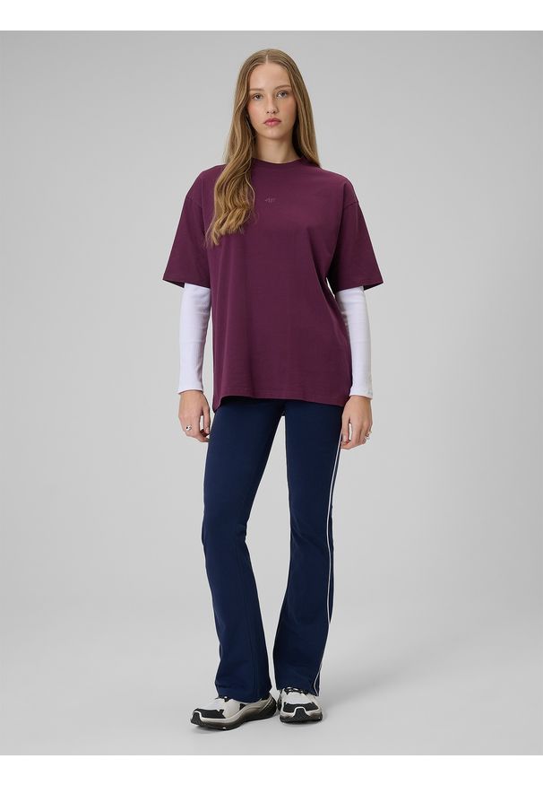 4f - 4F T-shirt loose gładki damski - burgundowy XL. Okazja: na co dzień. Kolor: czerwony. Materiał: bawełna, materiał. Wzór: gładki. Styl: casual